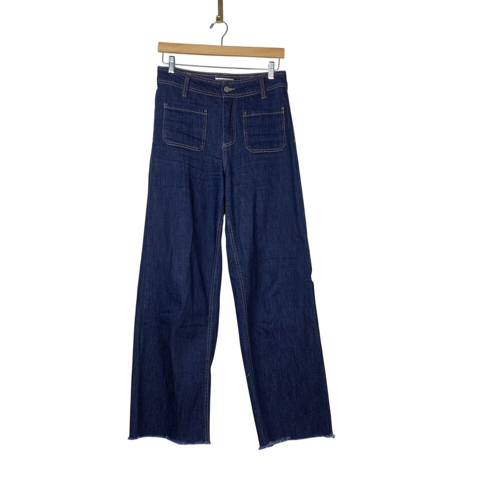 OAT NY Wide Leg Jeans 4  28 Dark Wash Super High Rise Raw Hem